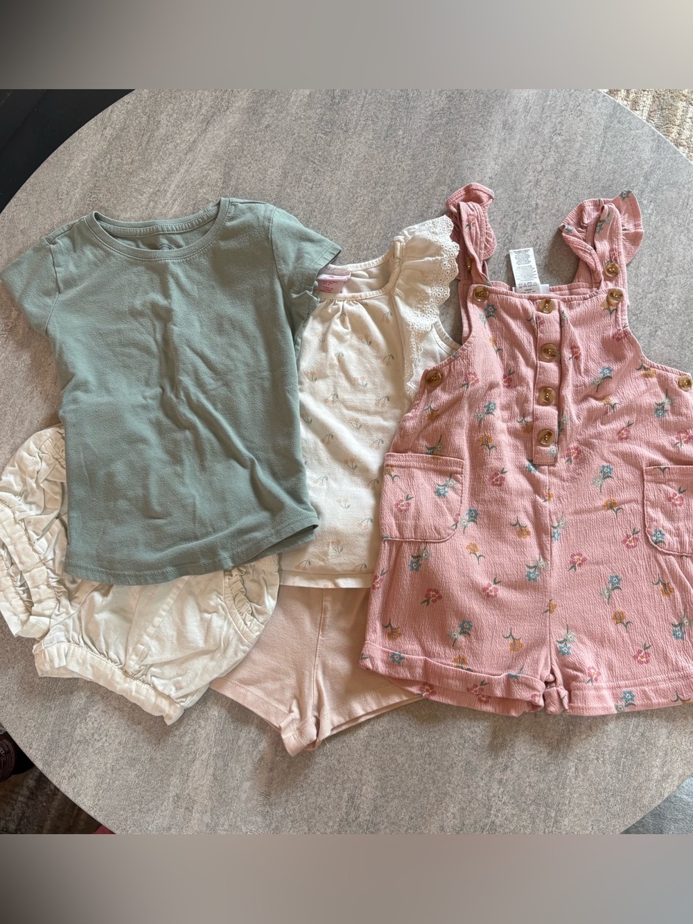 5 PC BUNDLE Girls Pink Floral Button Romper + Pastel Tee & Shorts Set SZ- 4T